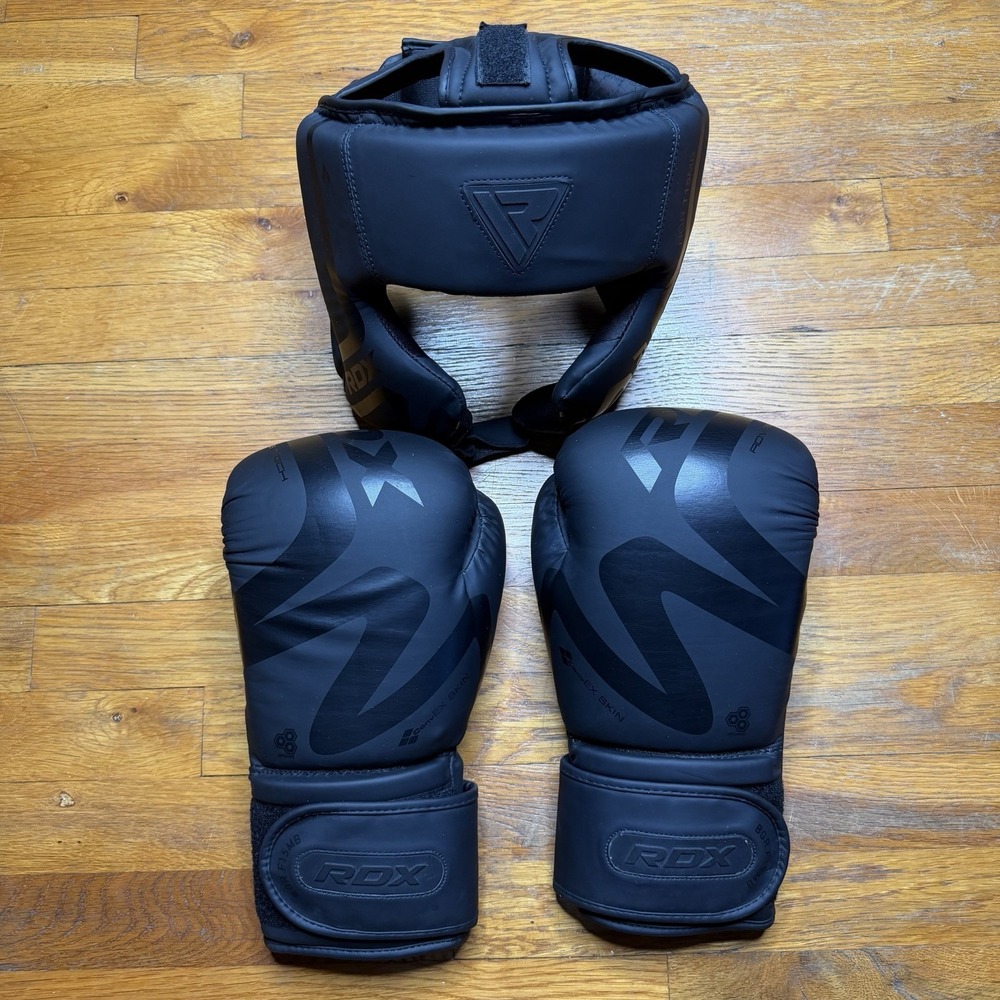 RDX T15 Noir Headgear‎ & F15 Gloves for Boxing 12oz Muay Thai & Grappling